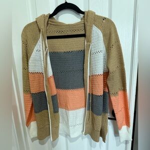 Striped Hooded Knit Cardigan in Tan, Gray, Peach & White